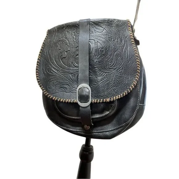 Patricia Nash Barcelona Black Tooled Leather Large Crossbody Saddle Bag Purse - Picture 13 of 15